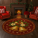 Decorative Christmas rug with bells and poinsettias in a festive living room.

