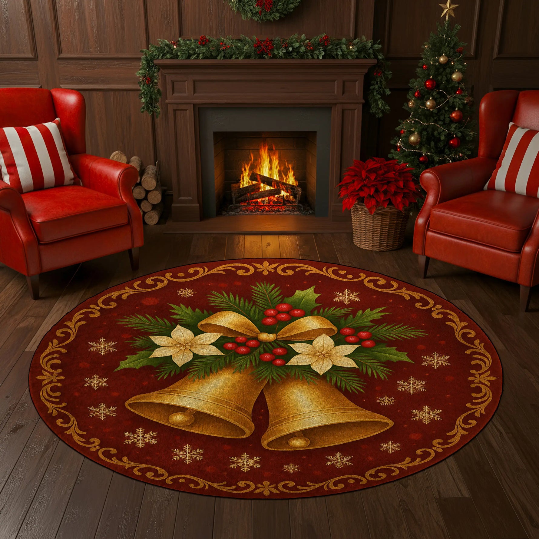 Decorative Christmas rug with bells and poinsettias in a festive living room.

