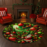 Round Christmas-themed rug with Santa Claus, reindeer, and trees in a living room with red chairs and a fireplace.