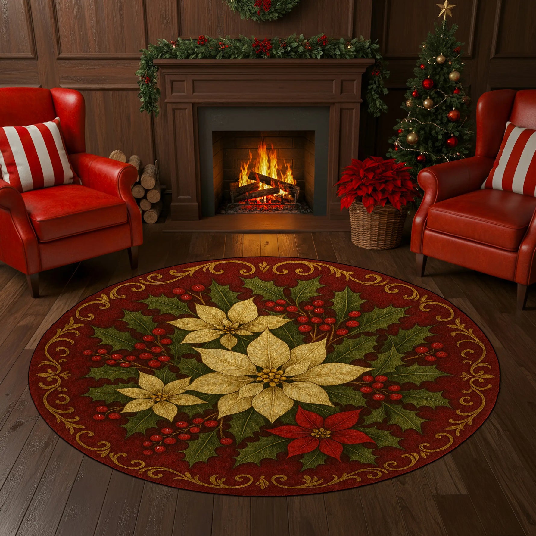 Decorative Christmas rug with poinsettias in a living room with red chairs, fireplace, and Christmas tree.

