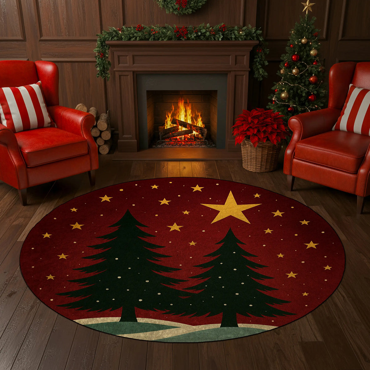 Cozy living room with red armchairs, Christmas tree, and festive decorations.

