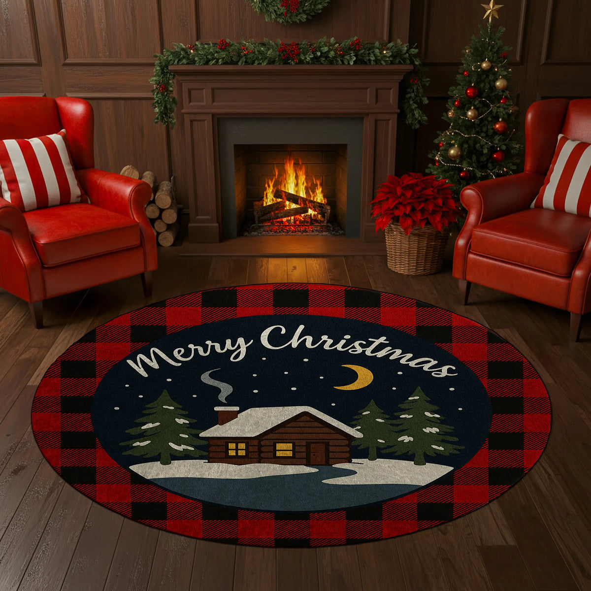 Christmas-themed rug with a cabin design in a living room with red chairs and a fireplace.

