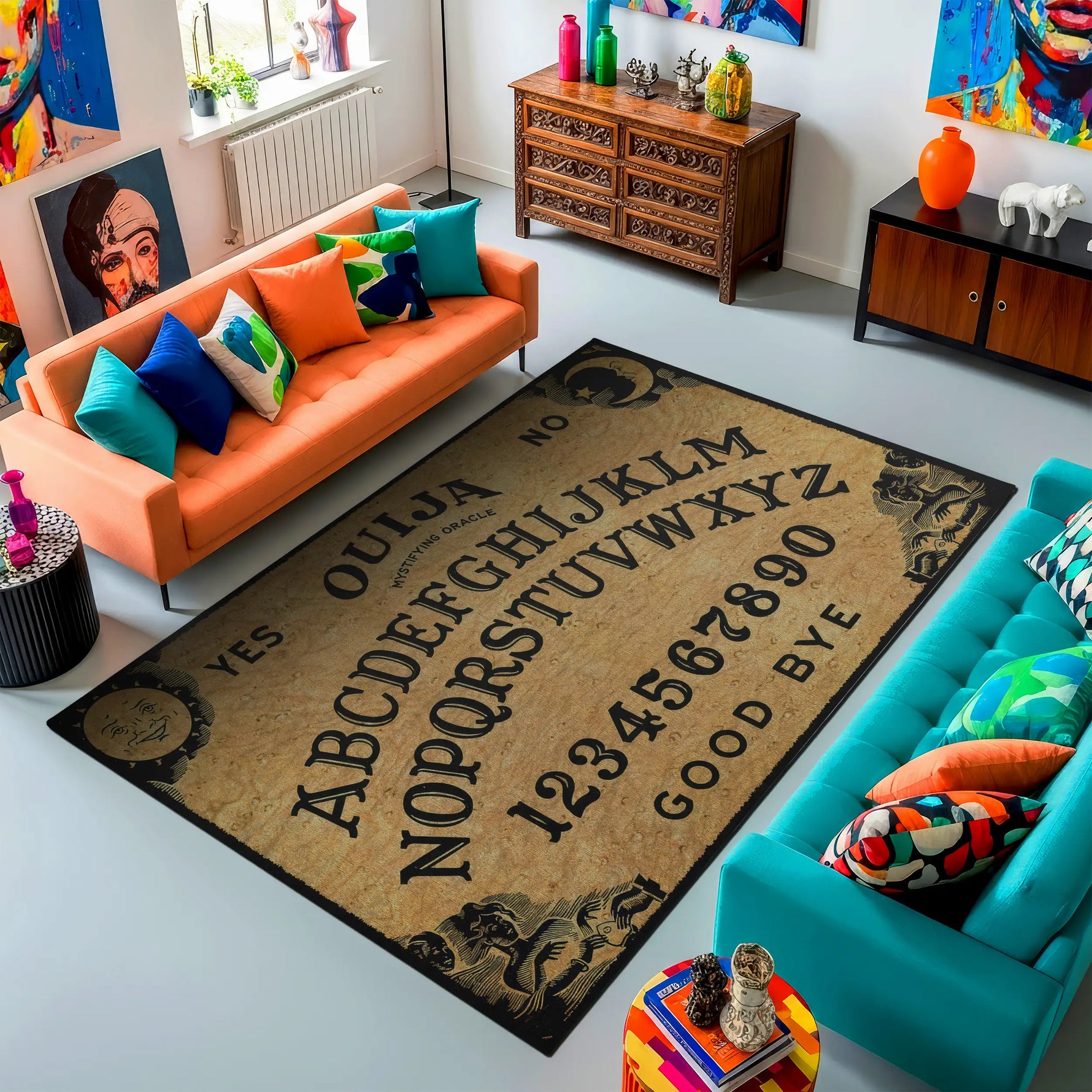 Living room with an Ouija board rug, colorful couches, and decorative items.