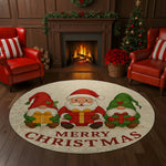 Round Christmas-themed rug with Santa Claus and gnomes in a festive living room.

