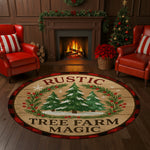 Round rug with 'Rustic Tree Farm Magic' design in a cozy living room with a fireplace and Christmas tree.


