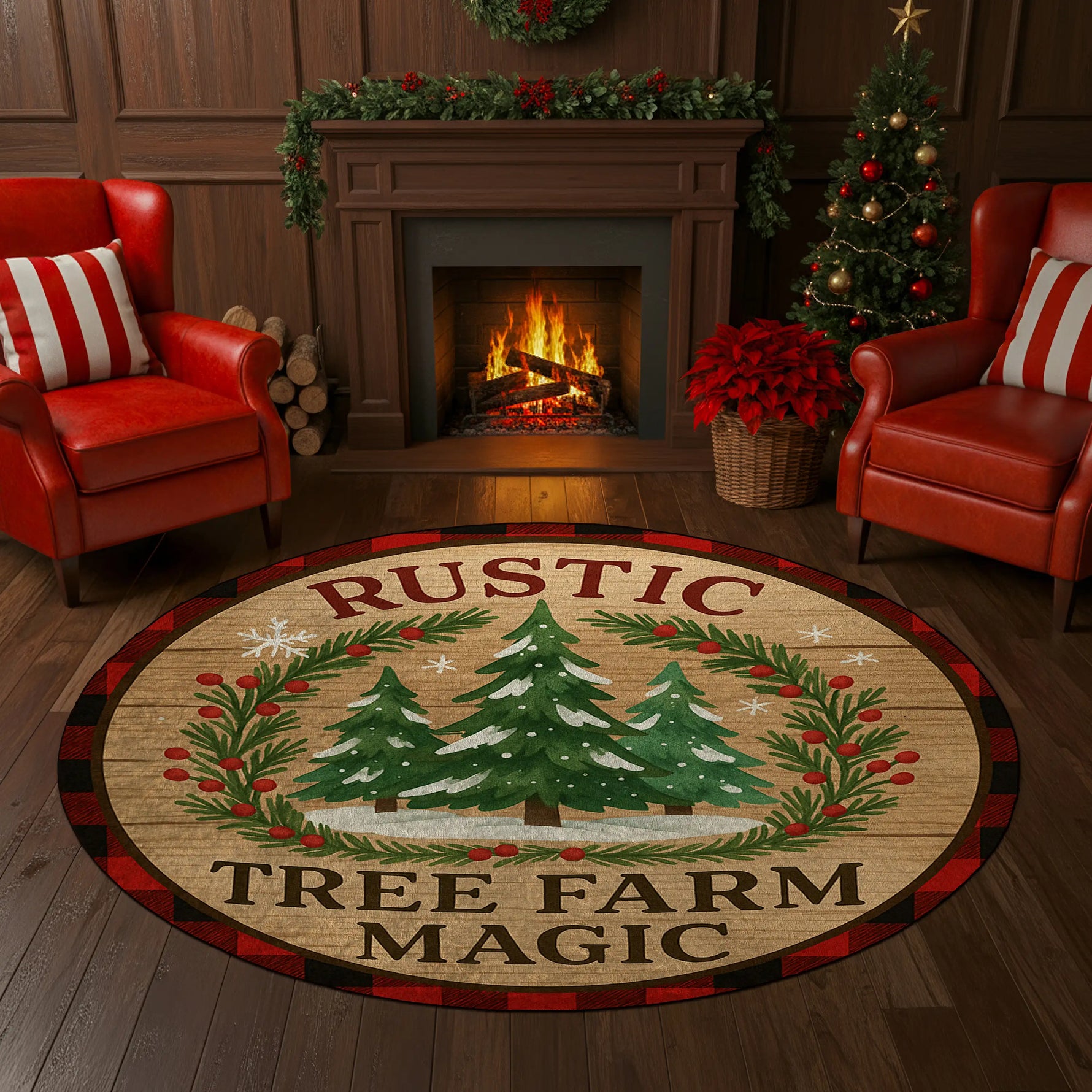 Round rug with 'Rustic Tree Farm Magic' design in a cozy living room with a fireplace and Christmas tree.

