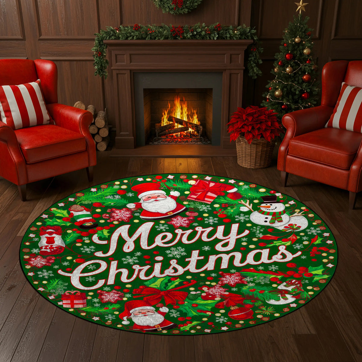 Christmas-themed round rug with Santa Claus and snowman designs in a festive living room.