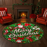 Christmas-themed round rug with Santa Claus and snowman designs in a festive living room.