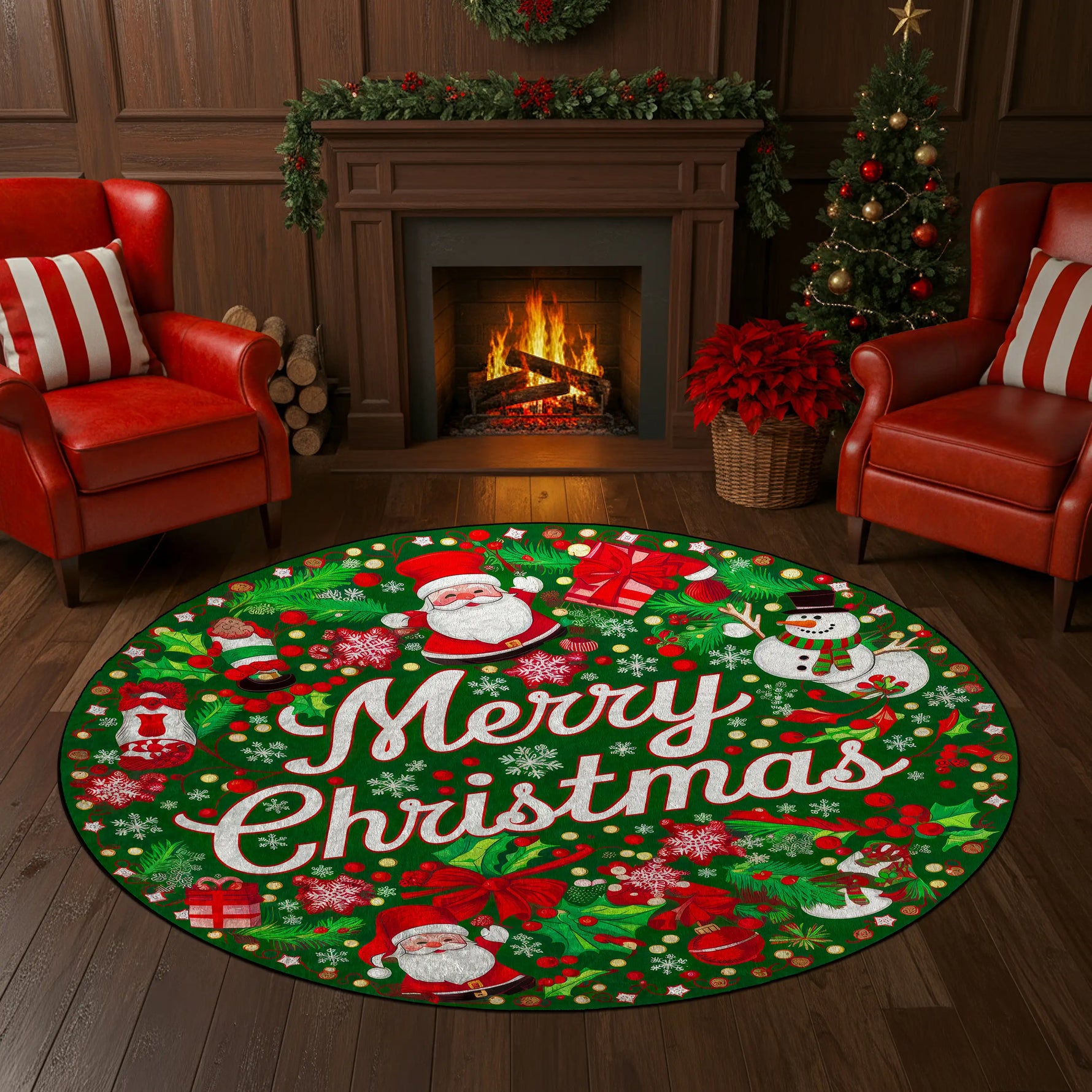 Christmas-themed round rug with Santa Claus and snowman designs in a festive living room.