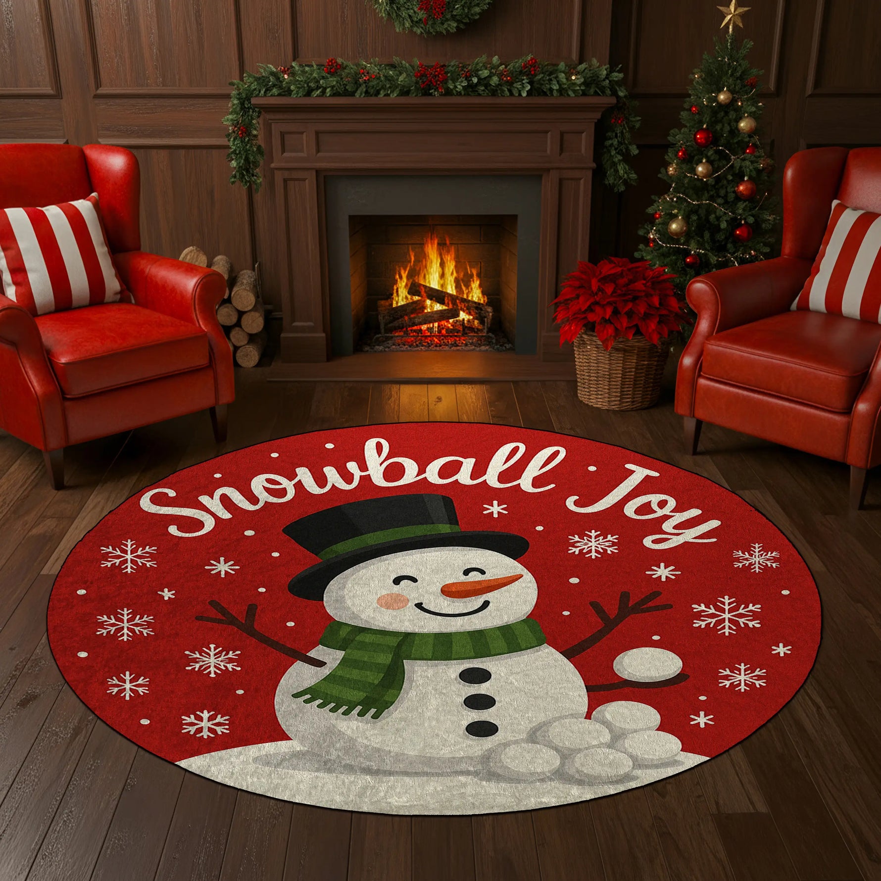 Round Christmas rug with snowman design and 'Snowball Joy' text in a festive living room.

