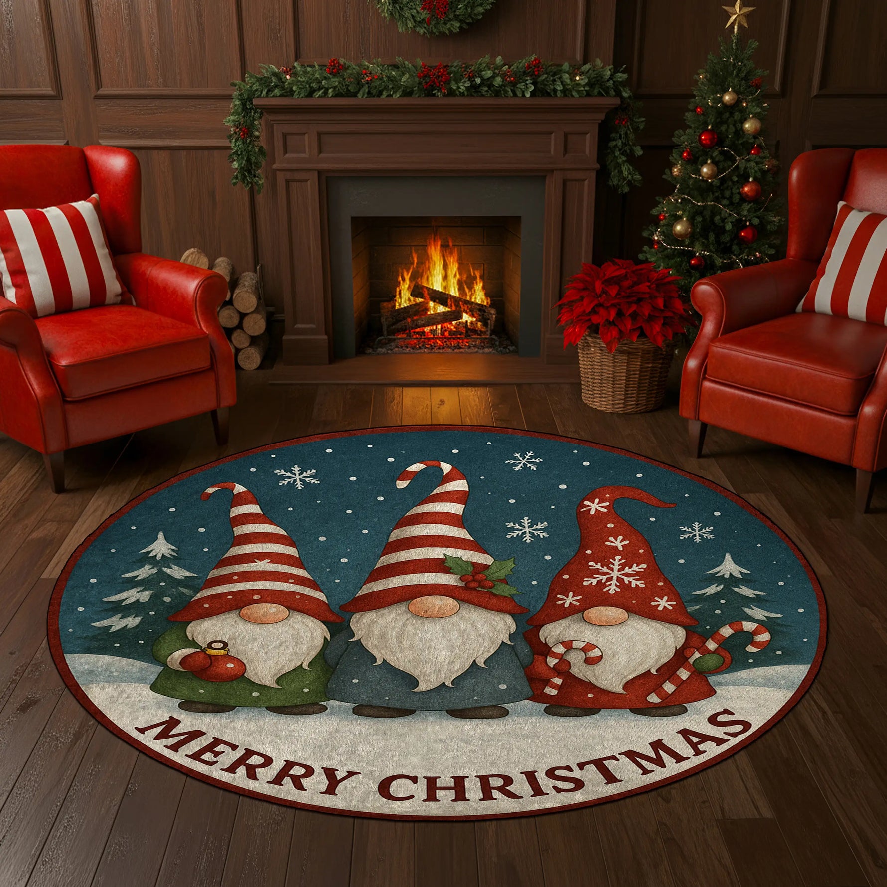 Round Christmas-themed rug with gnomes in a living room with a fireplace and Christmas tree.

