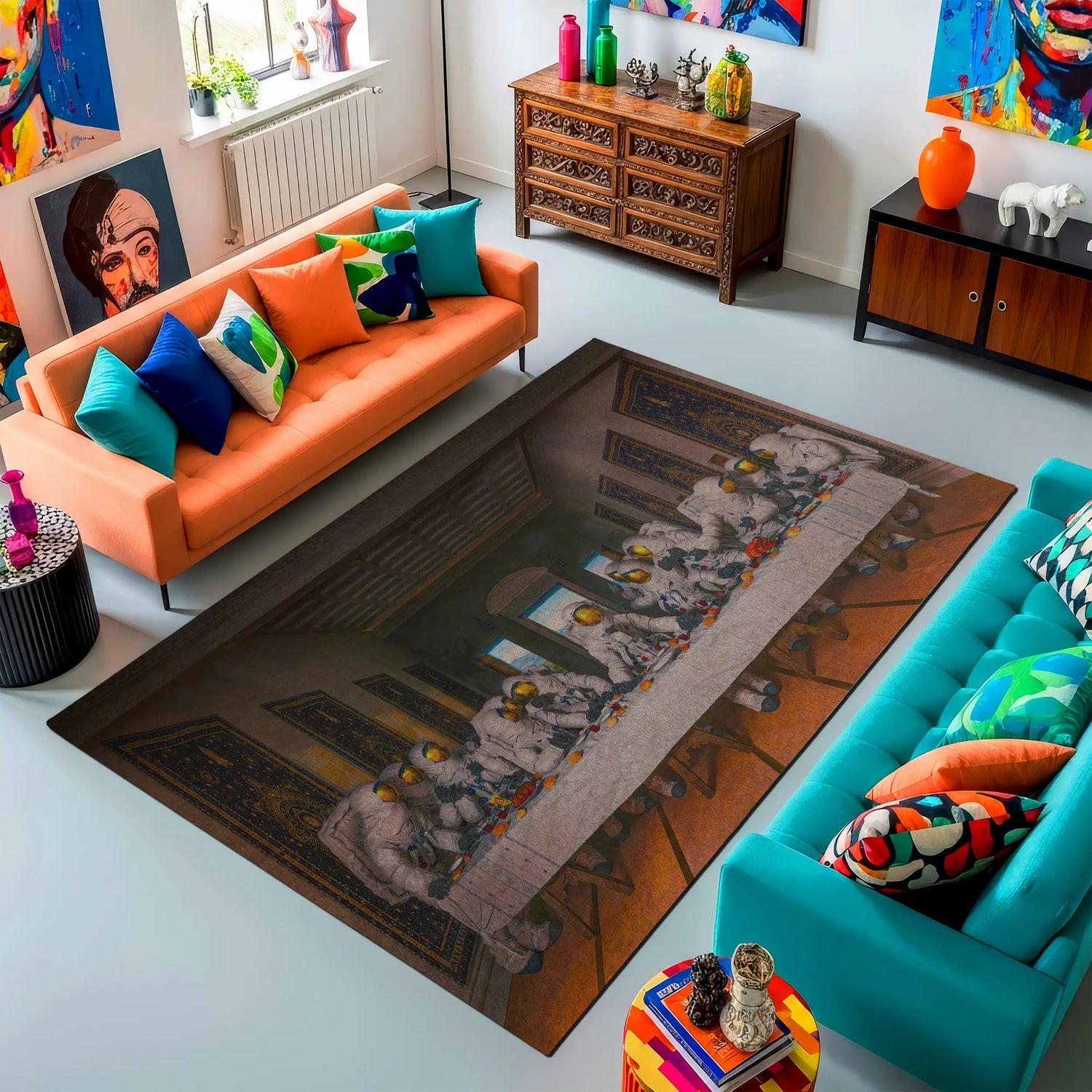 Modern living room with colorful furniture and decorative items.