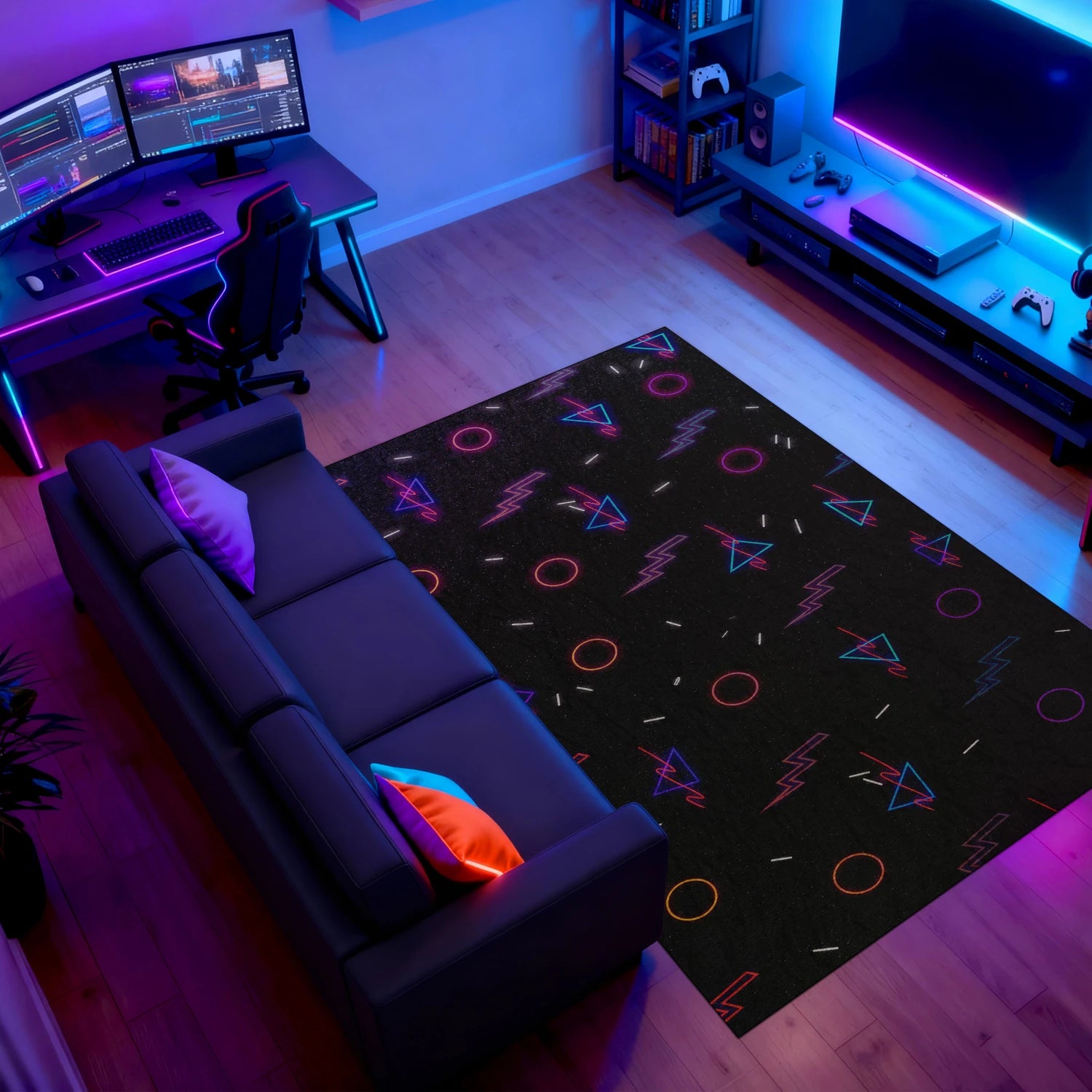 Black background rug with colorful retro symbols