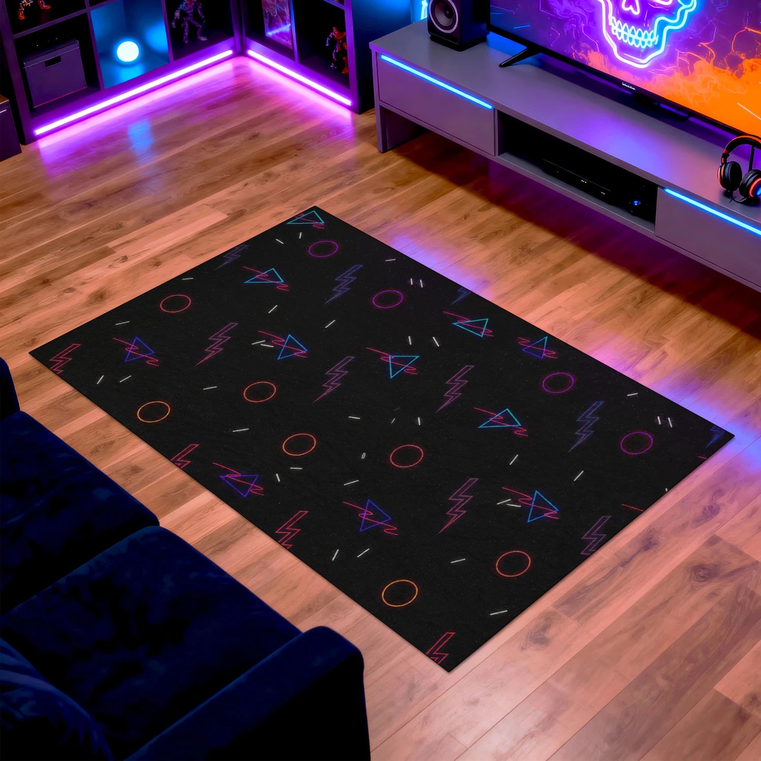 80s gamer room rug with lightning and triangle design