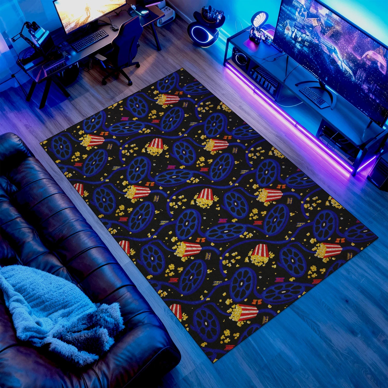 Retro popcorn movie rug with film reel design