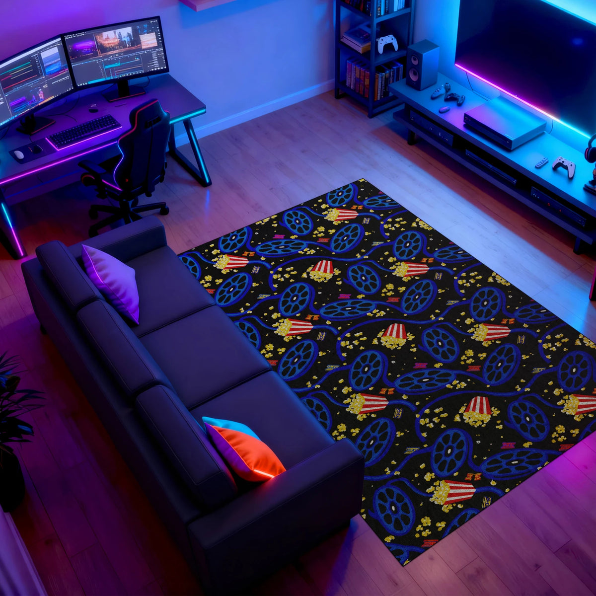 Black arcade rug for home theater setup