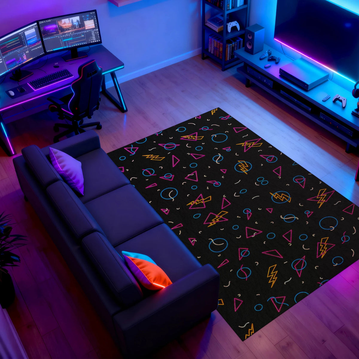 80s-style non-slip rug with neon bolts and abstract shapes