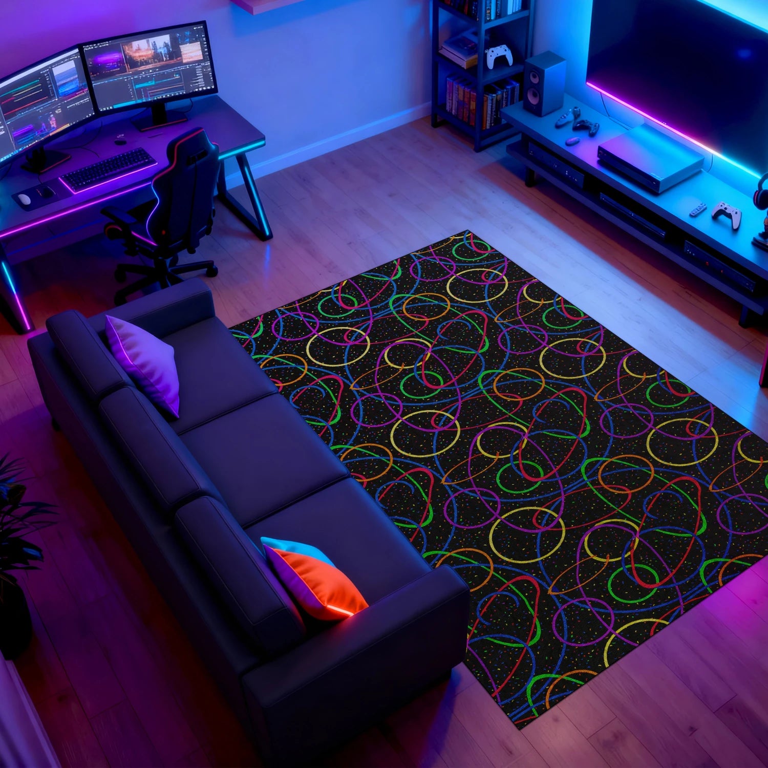 Swirly gamer carpet for neon-themed game setups