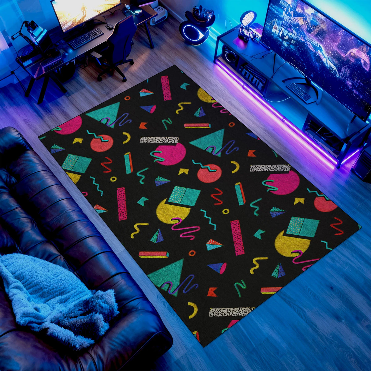 Non-slip chenille rug with teal triangles and pink squiggles