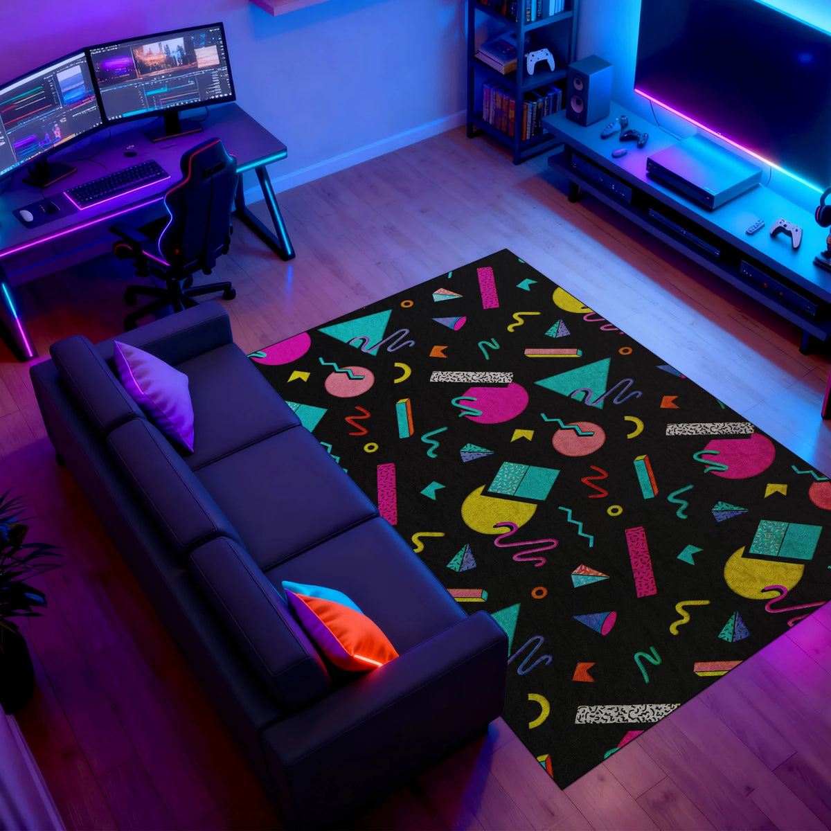 Memphis pattern gamer rug with neon geometric shapes