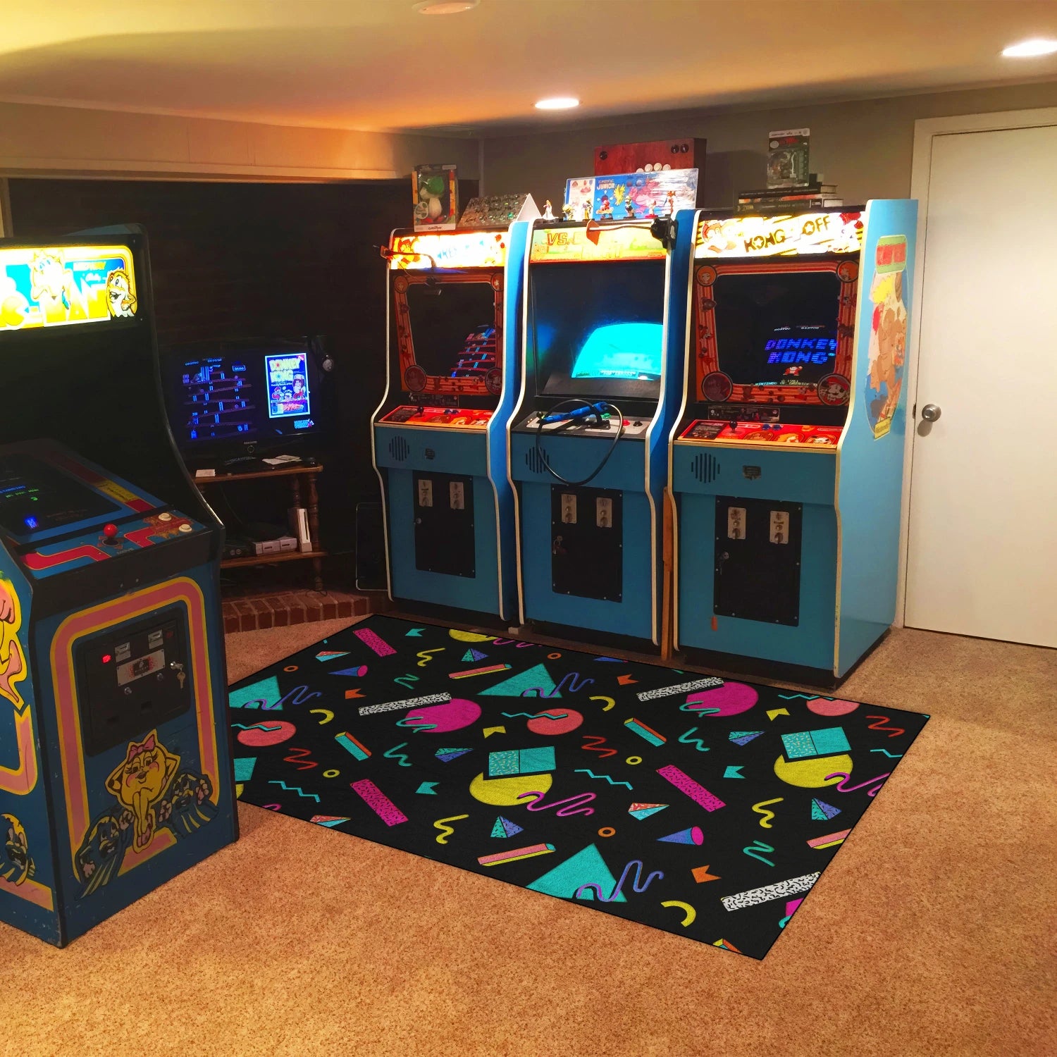 Colorful retro rug for arcade room with 80s design elements