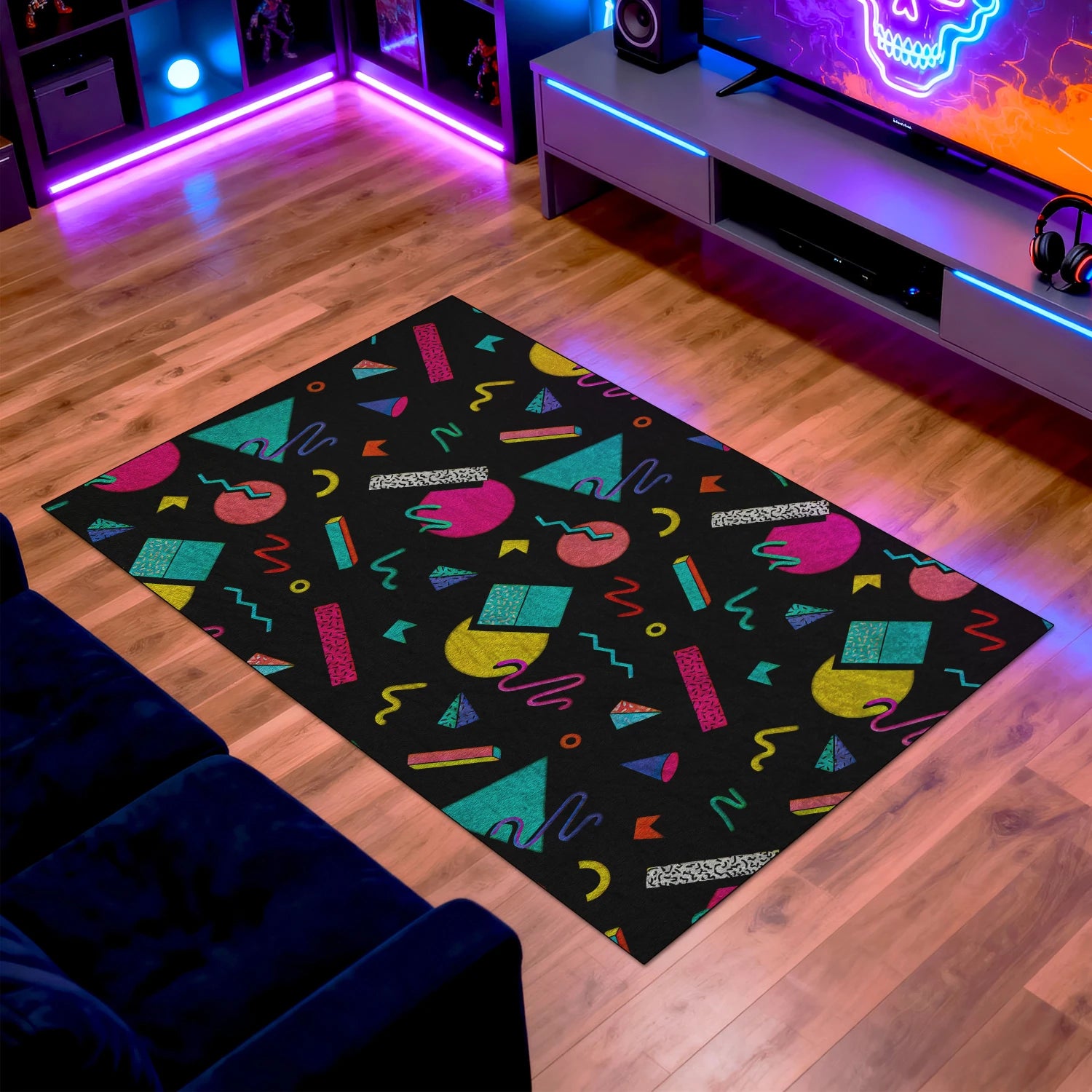 Black game room carpet with bold pop-art print
