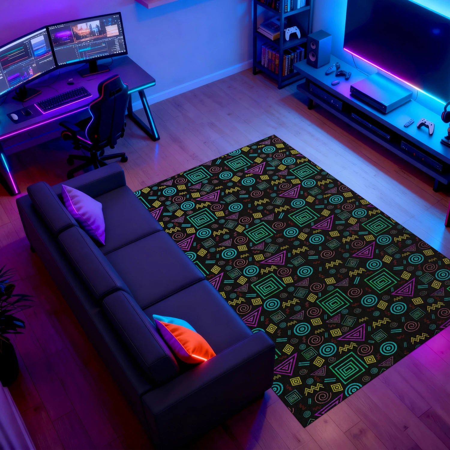 90s inspired gaming rug with geometric chaos