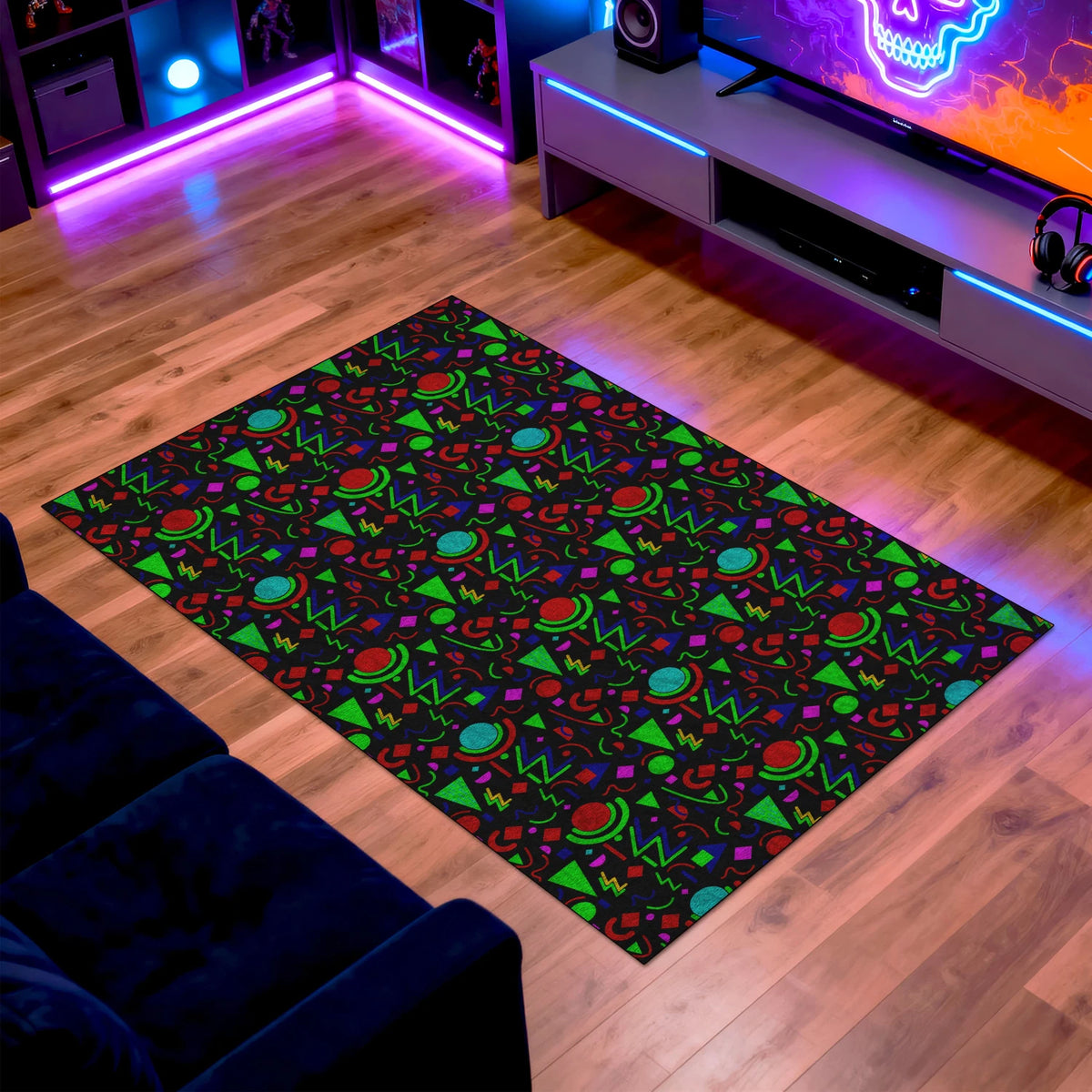 Colorful patterned rug on a wooden floor with gaming setup in the background