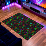 Colorful patterned rug on a wooden floor with gaming setup in the background