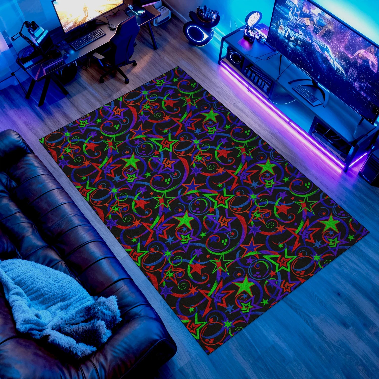 Neon swirl rug with multicolor stars on black background
