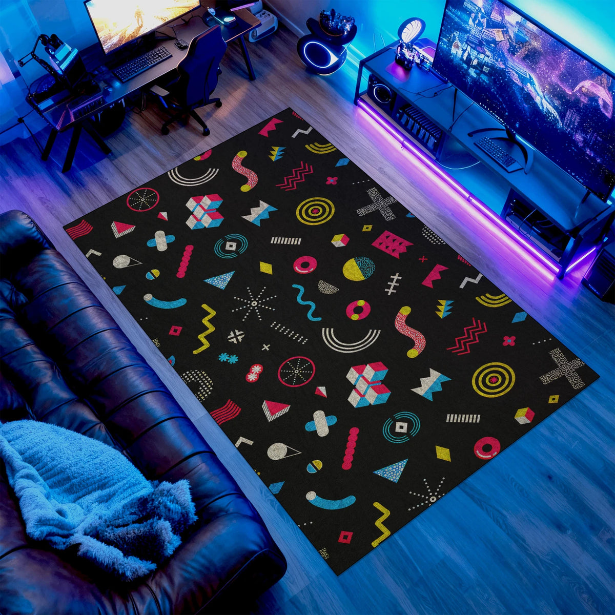 Arcade carpet with colorful geometric chaos on black background