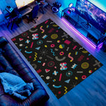 Arcade carpet with colorful geometric chaos on black background