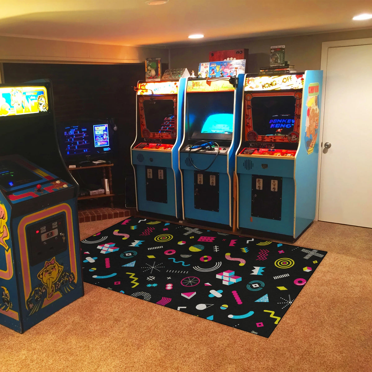 Colorful 90s style dorm rug with retro symbols
