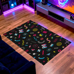 Retro vaporwave gamer rug with digital icons and shapes