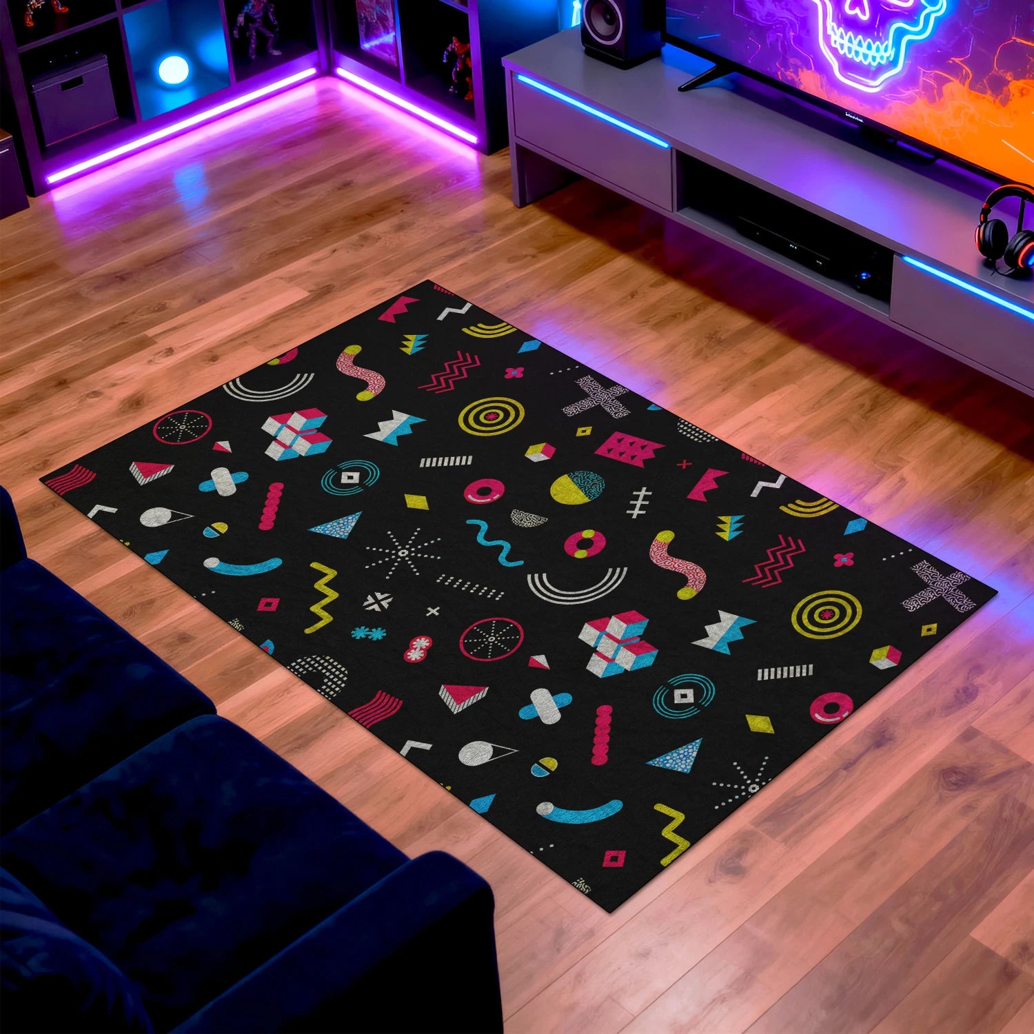 Retro vaporwave gamer rug with digital icons and shapes