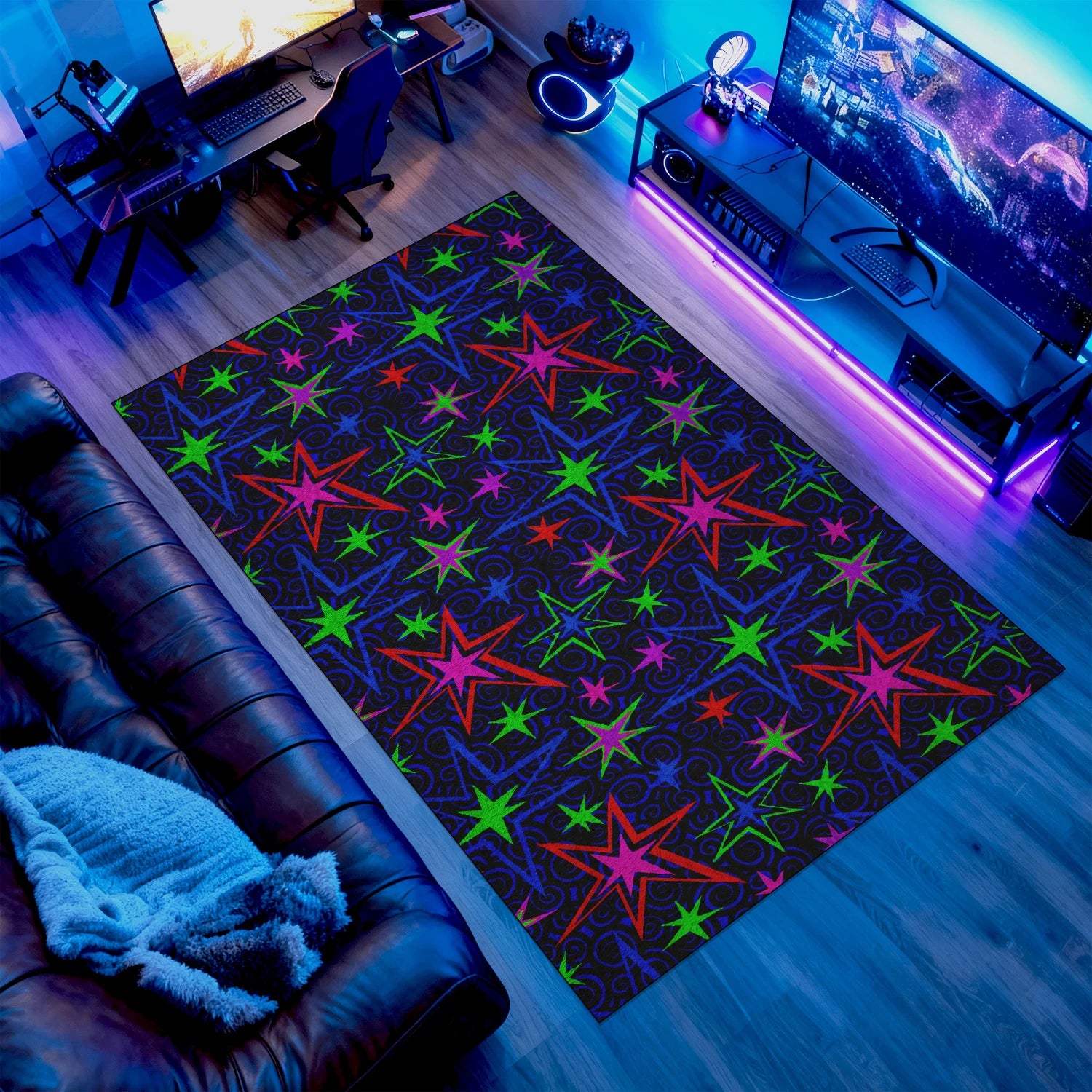 Colorful retro rug with electric swirl pattern