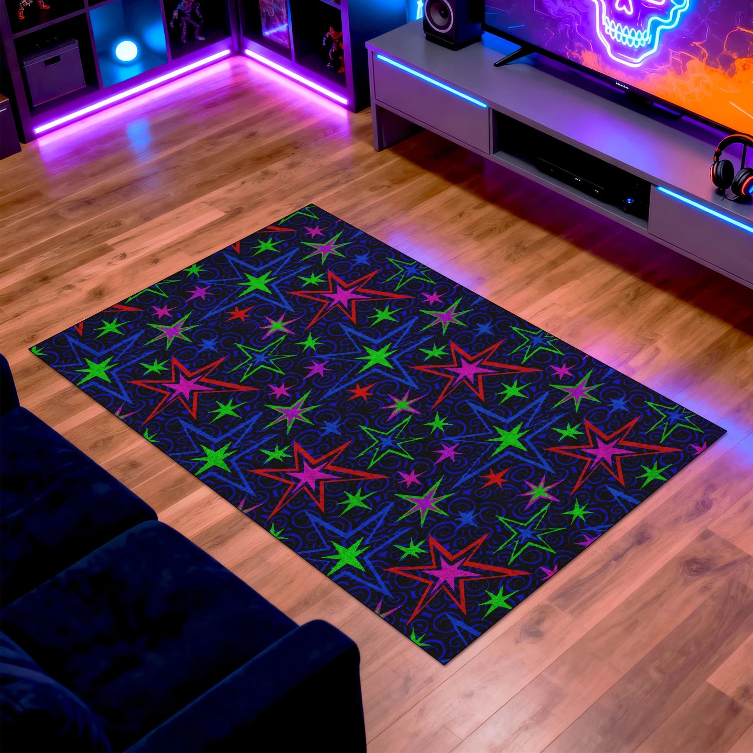 Neon starburst arcade rug for gaming rooms