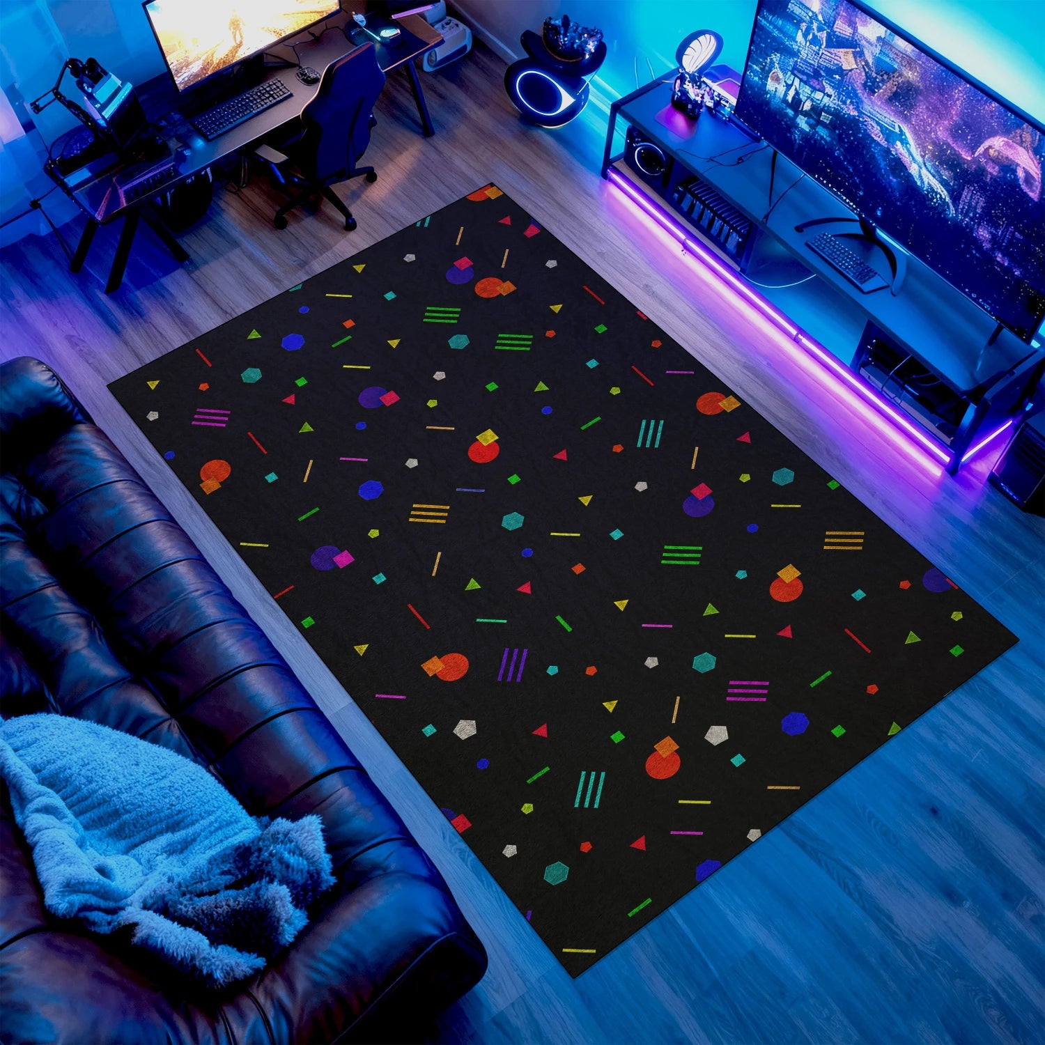 Retro arcade style rug with neon geometric shapes in gaming room
