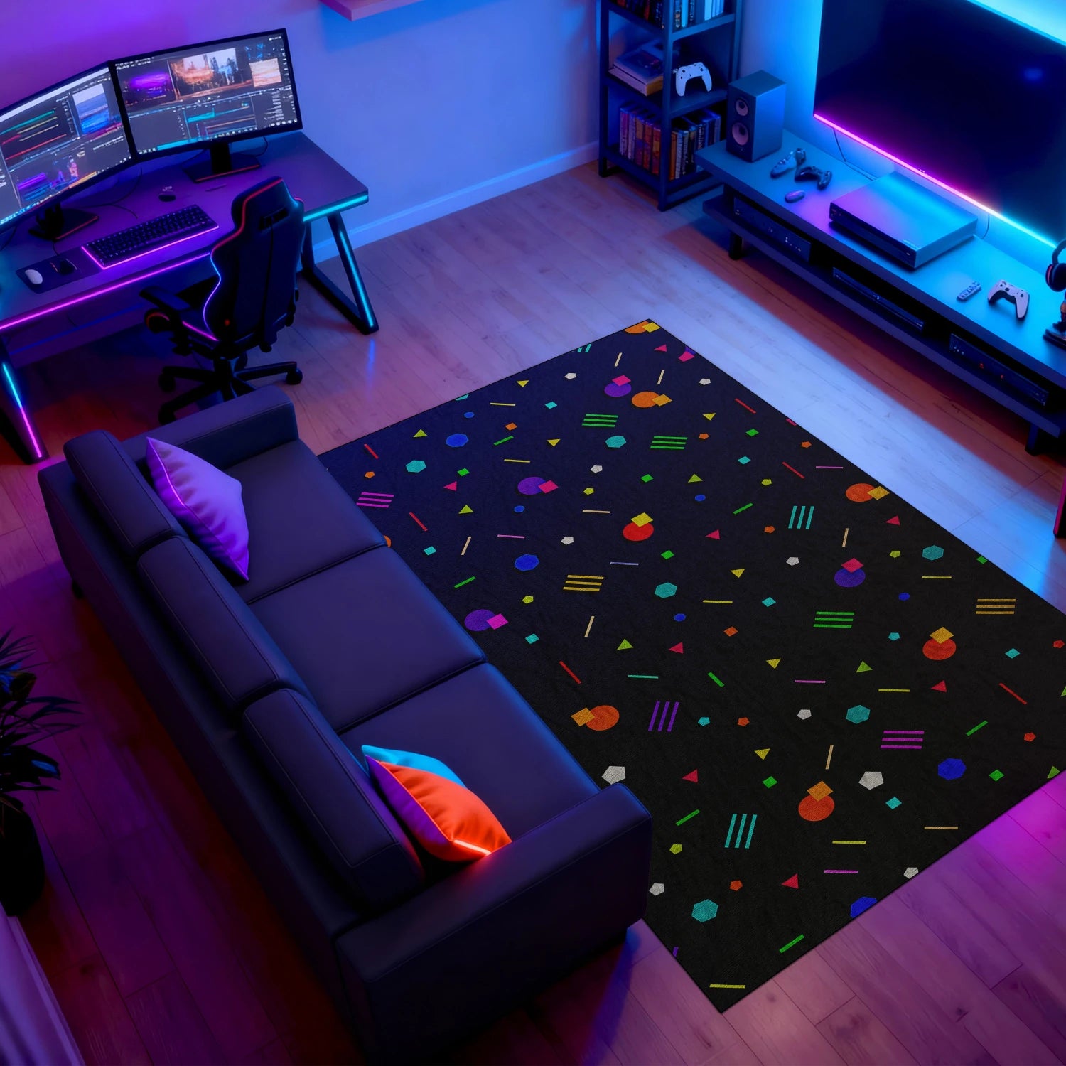 Black gaming room rug with multicolor retro arcade design