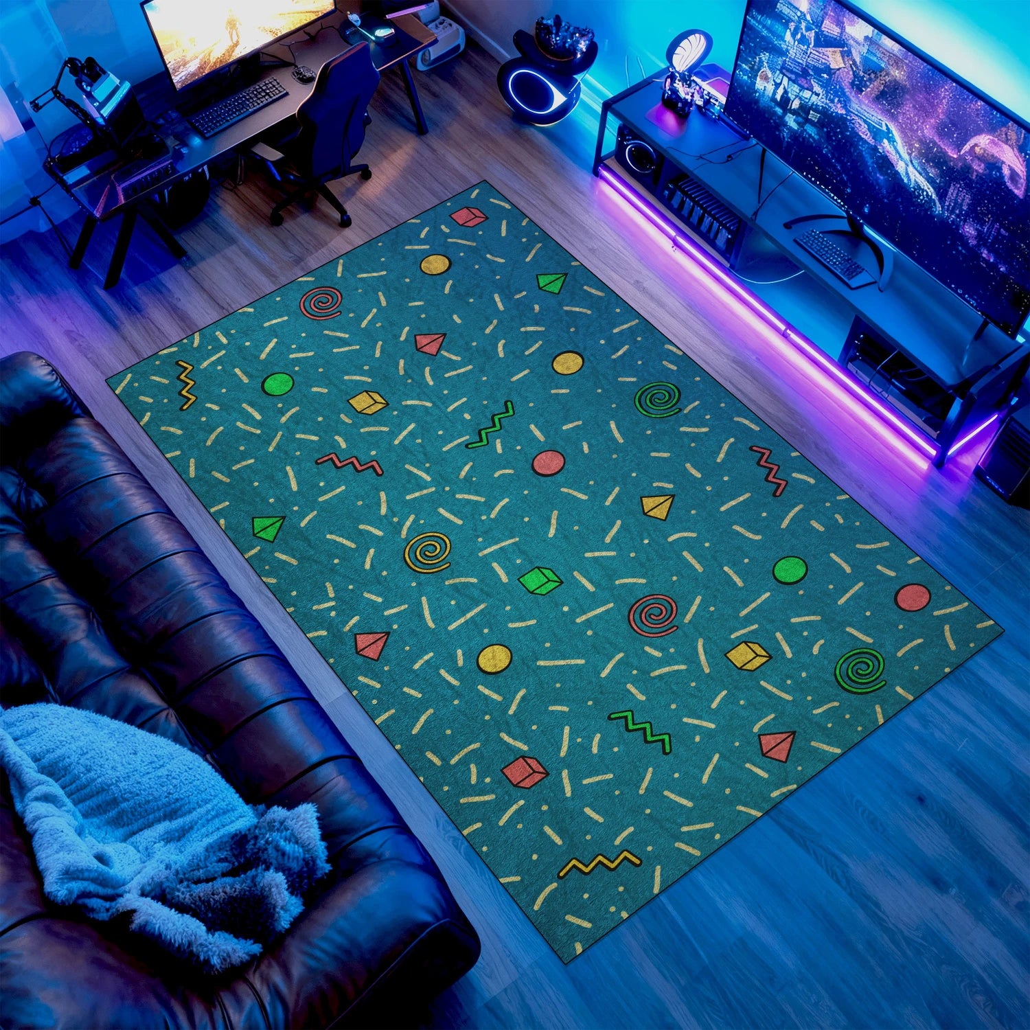 Retro spiral shapes rug with teal background in gaming room