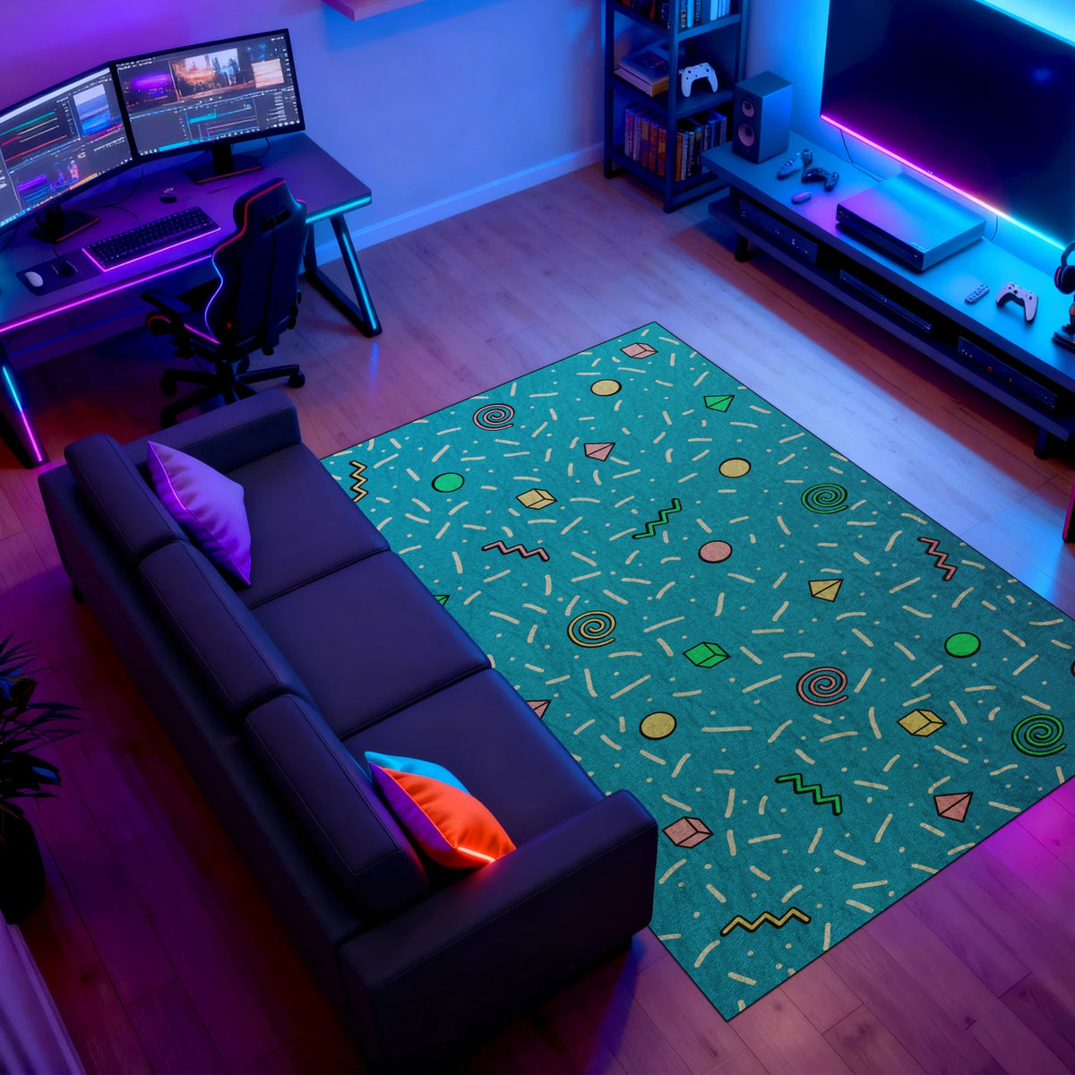 Colorful 90’s pattern area carpet with cubes and pyramids