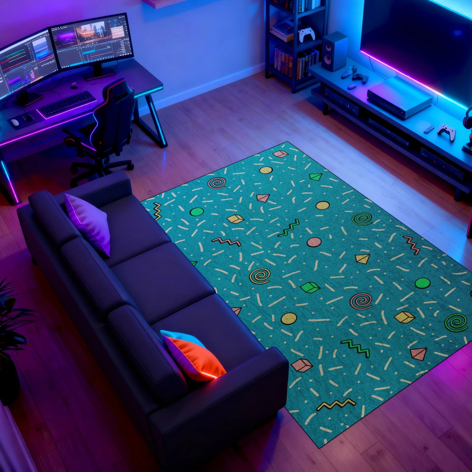 Colorful 90’s pattern area carpet with cubes and pyramids