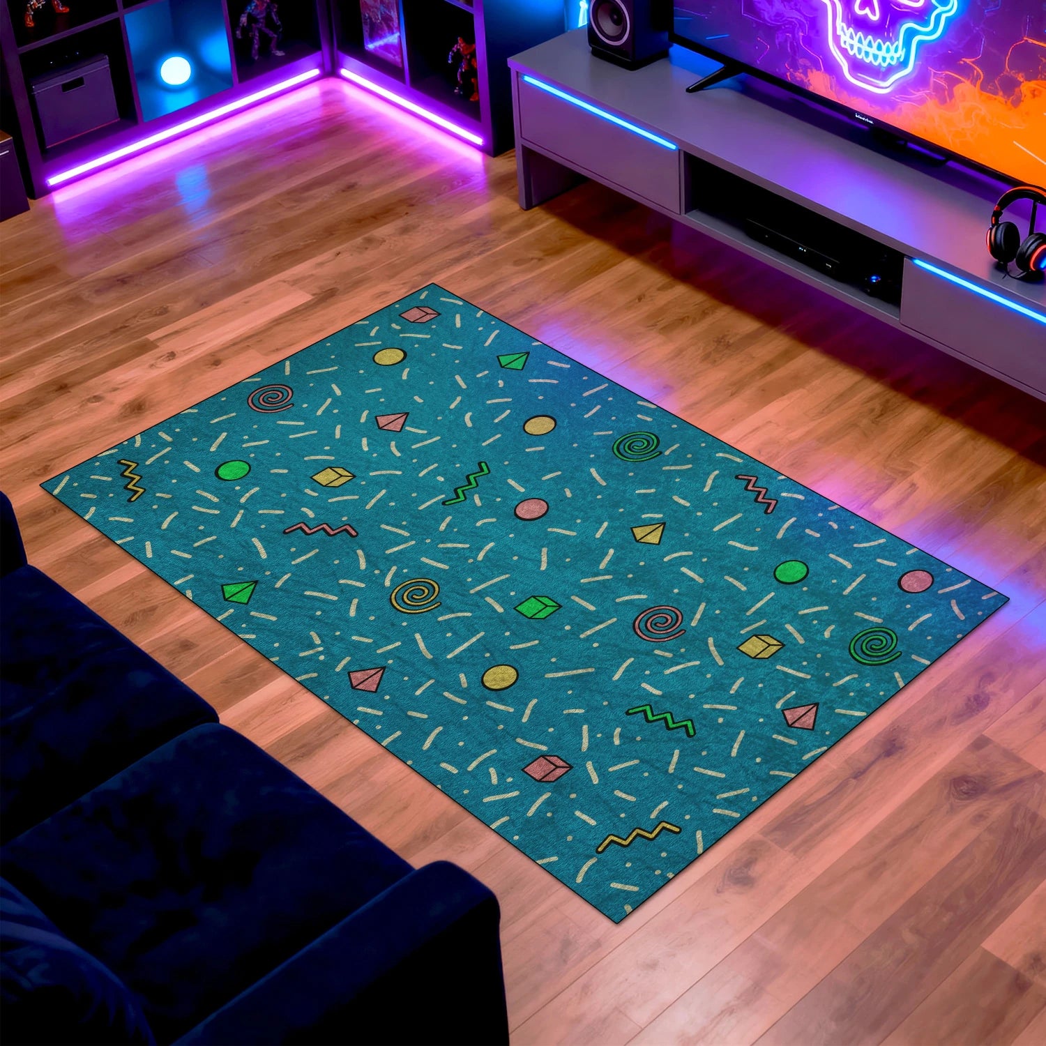 Customizable retro teal rug for living rooms and creative studios