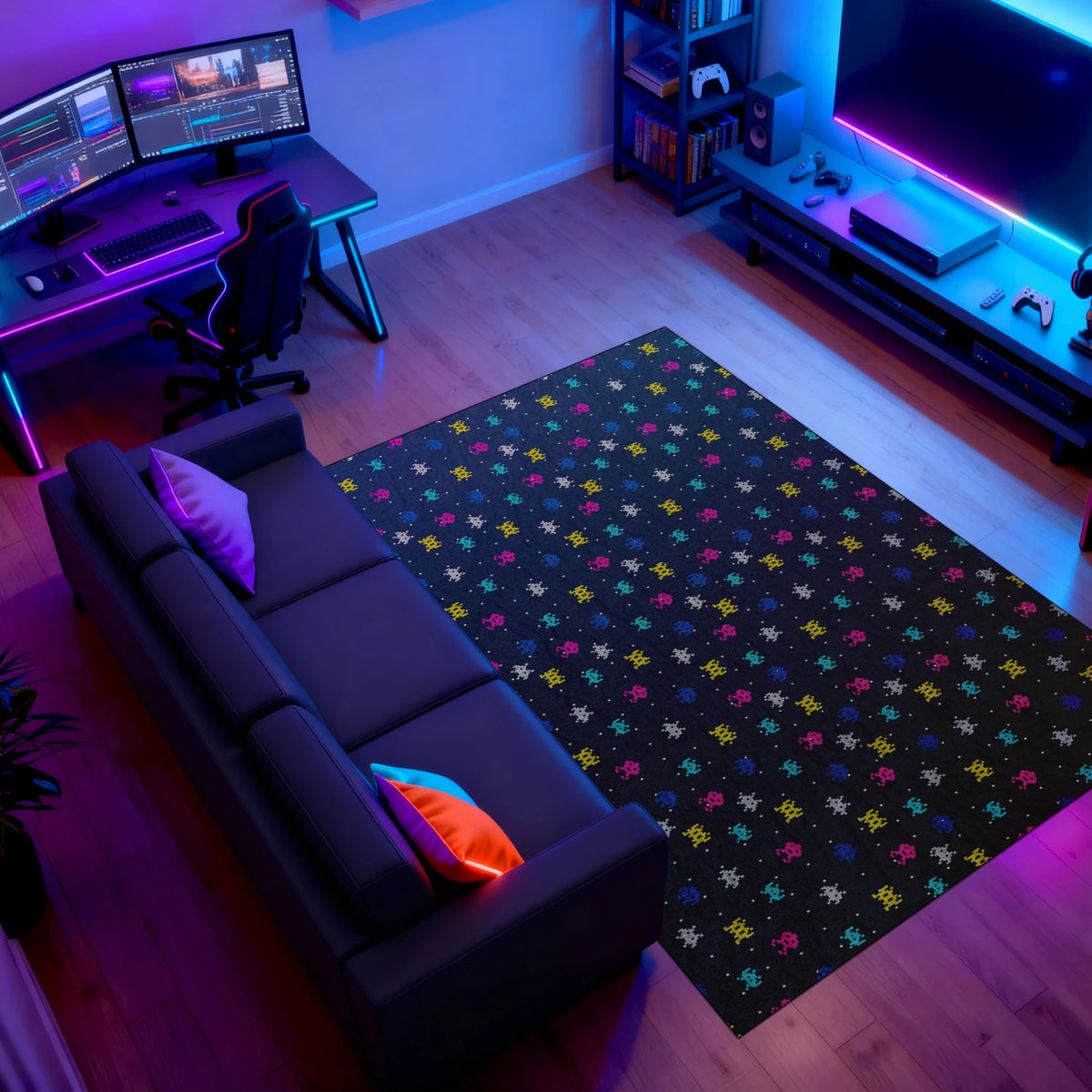 Customizable pixel invaders rug for living rooms and dorms