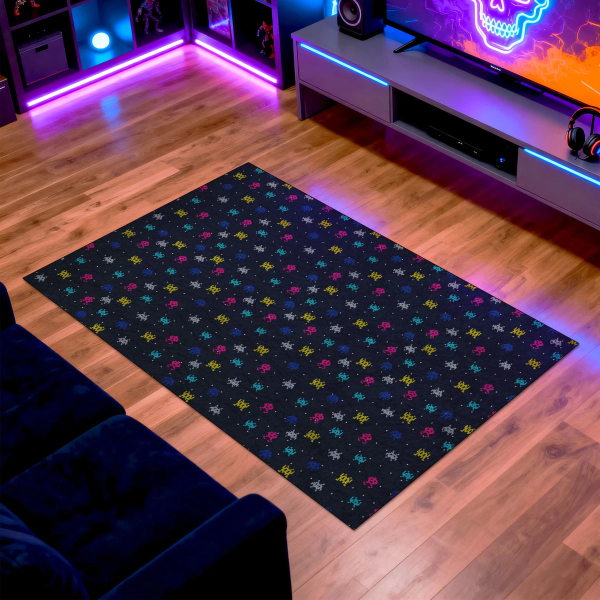 Non-slip chenille rug with pixel art alien pattern