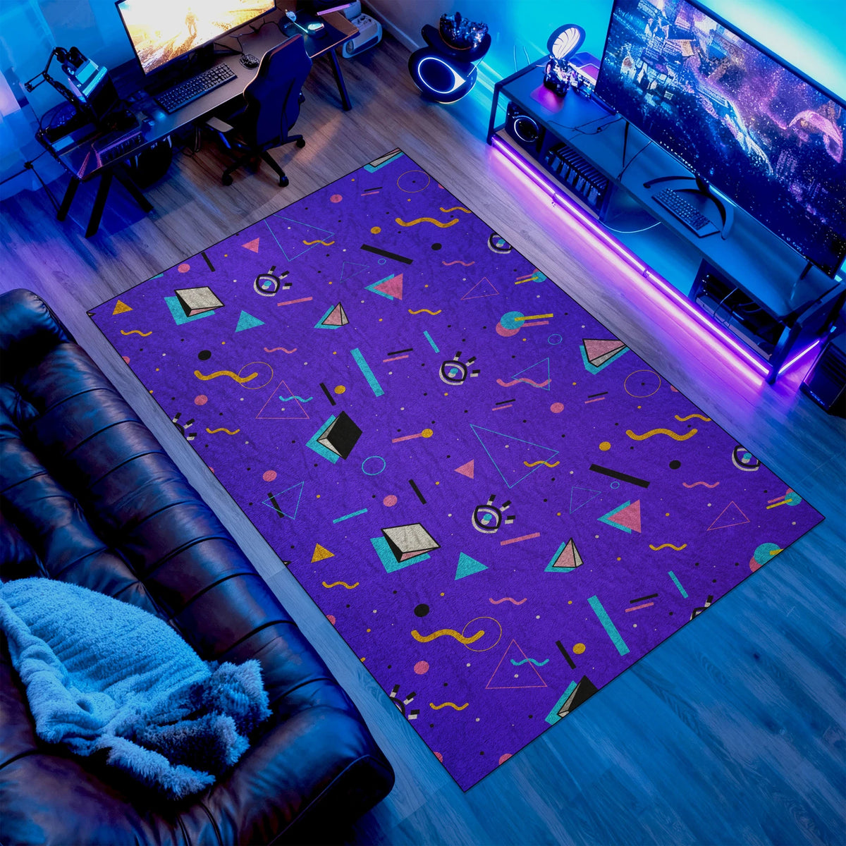 Purple retro shapes rug with geometric eye pattern in gaming room