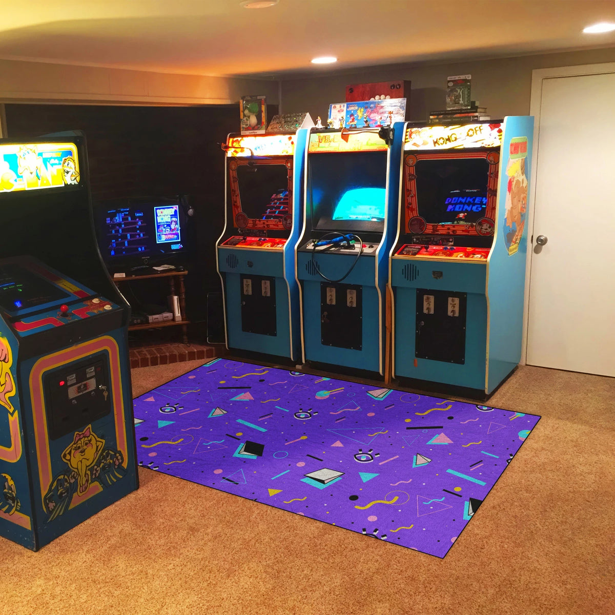 Non-slip chenille rug with purple background and colorful symbols