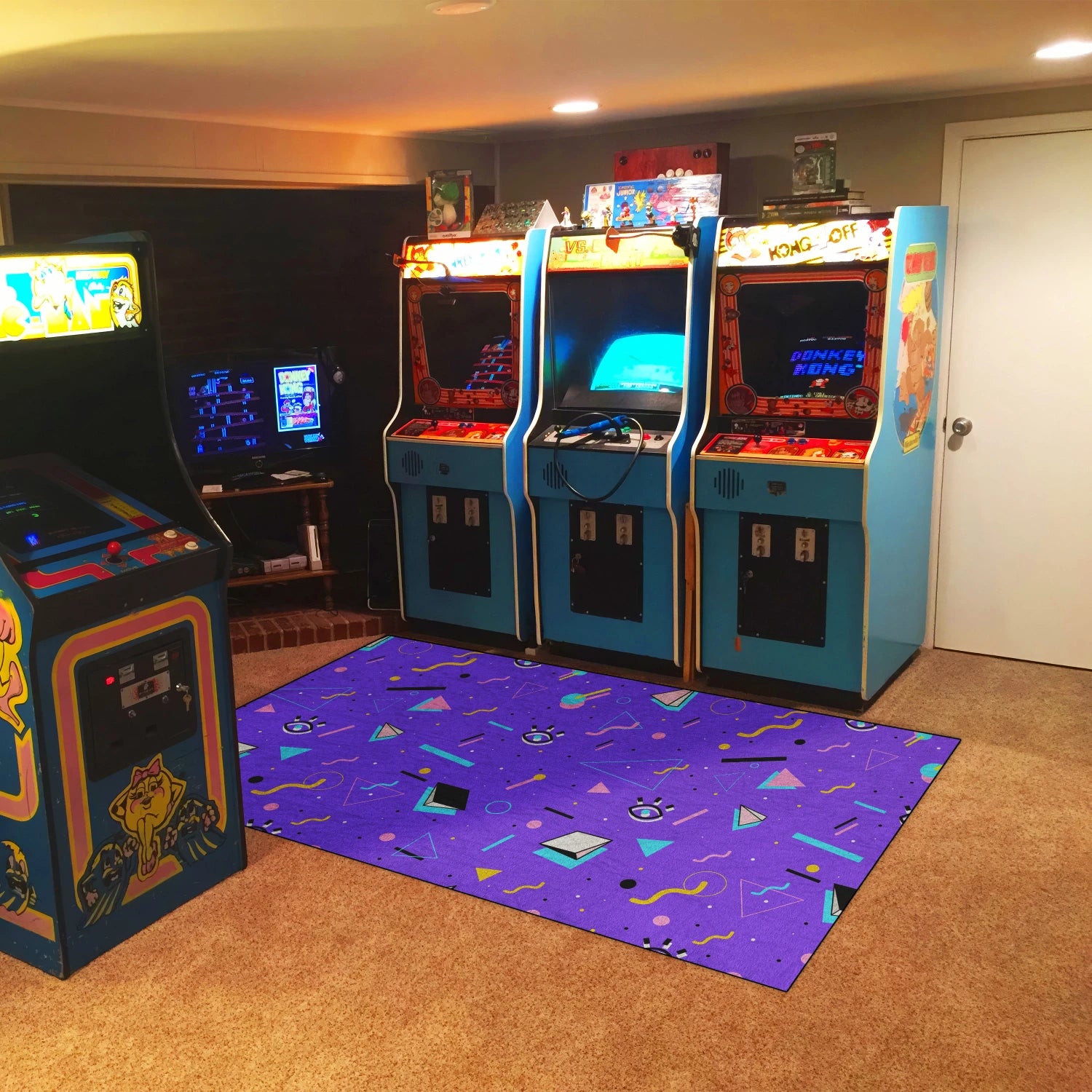 Non-slip chenille rug with purple background and colorful symbols