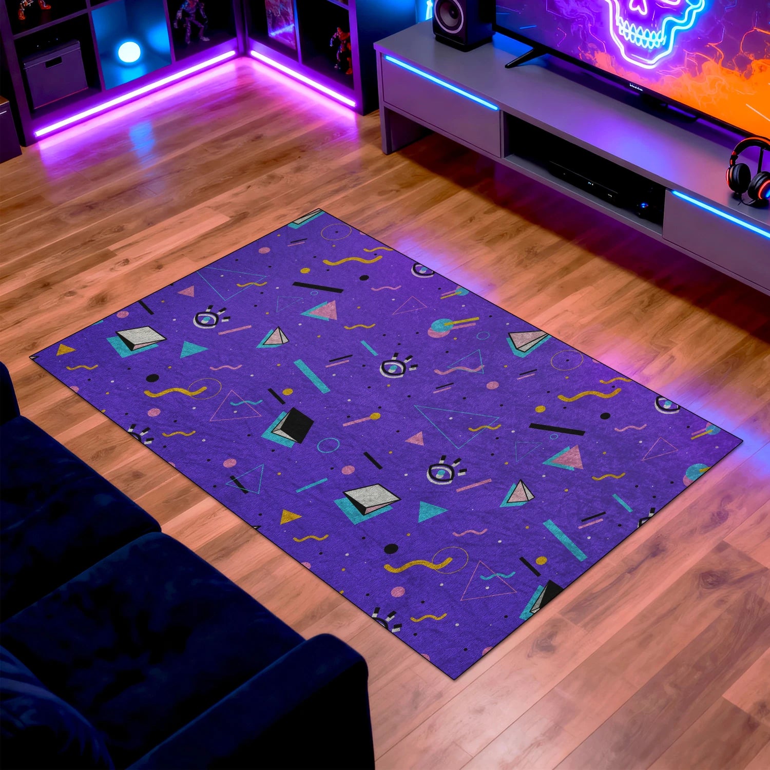 Customizable retro purple rug for living rooms and creative studios
