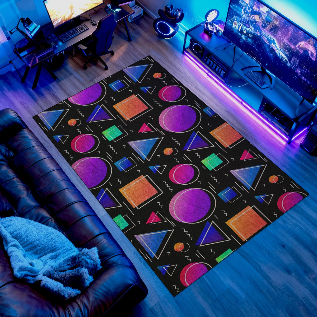 Noen Rug Neon Geometry Shapes Rug – Black Retro Area Carpet – YeahRug